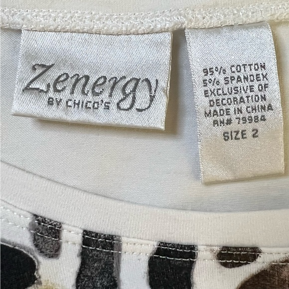 Zenergy by Chico’s Ivory Animal Print 3/4 Sleeve Scoop Neck Top Size 2=Large - Picture 5 of 11